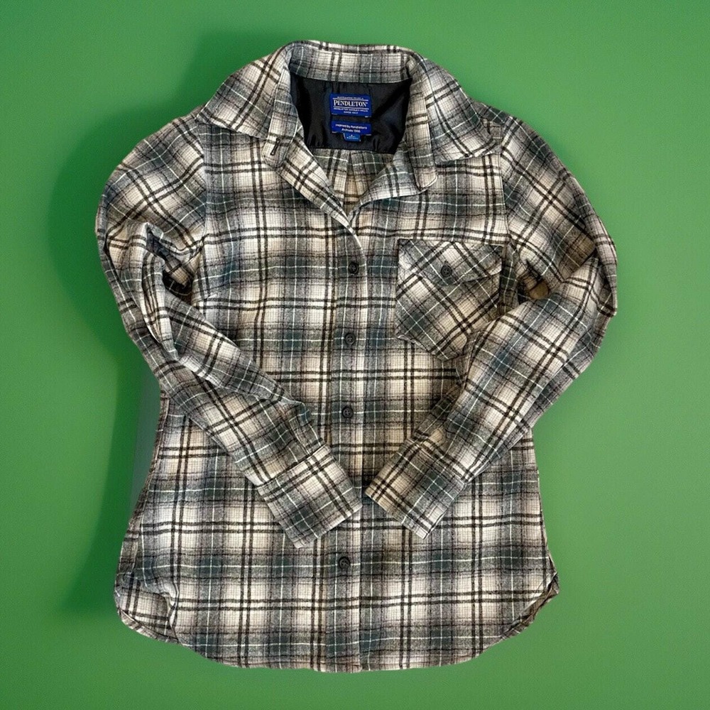 Pendelton Flannel Wool Gorpcore  USA 100% Pure Virgin Plaid Sz L READ Green Gray